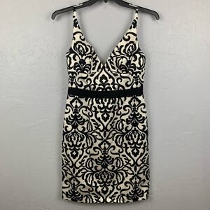 Milly of New York Damask Print Dress Size 6 Black Cream A Line Ribbon Trim